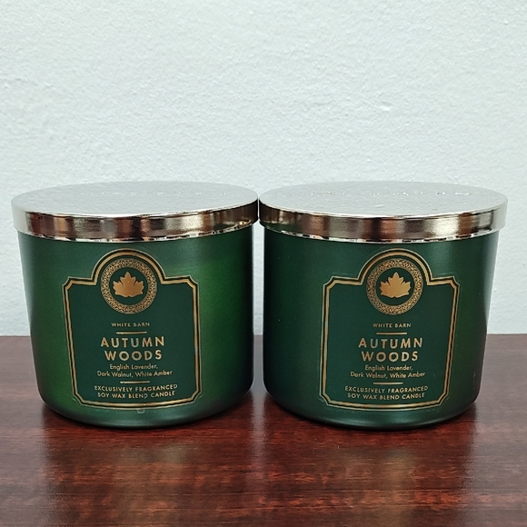 Bath & Body Works White Barn "AUTUMN WOODS" 3-Wick Candles - Set of 2 - Picture 1 of 6
